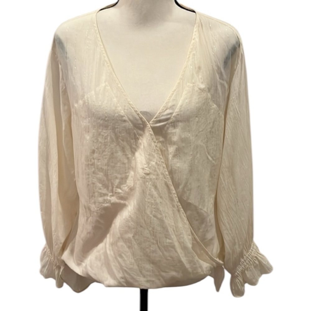 All Saints Beige Top Blouse Soft Cotton Semi Sheer Silver Thread Stripes Medium